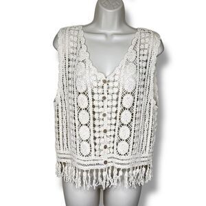 Rebellion Crochet Lace Fringe Button Front Cream Boho Vest Cotton Women Small